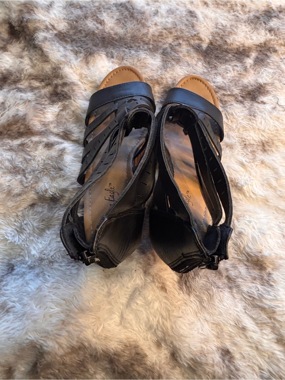 American Eagle Outfitters Black Multi-Strap Cork Wedge Sandals - Picture 5 of 6
